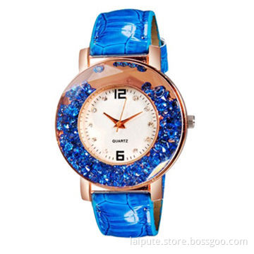 New Elegant Jewelry Women Rolling Bead Decorated Round Quartz Watch with PU Leather Strap (Blue)